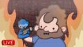 Buddy hand puppet holds the mic up to Destiny (and everything around him is on fire).