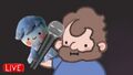 The real image of the Buddy handpuppet holding a photoshopped microphone up to Destiny.